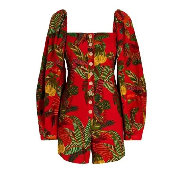 Farm Rio Red Forest Birds Long Sleeve Linen Romper Size XS - Picture 4 of 8